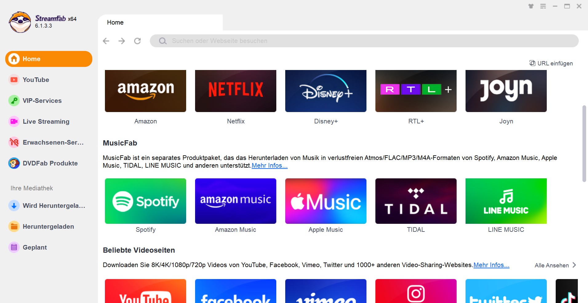 Wählen Sie die gewünschte Streaming-Videoplattform oder Website aus.