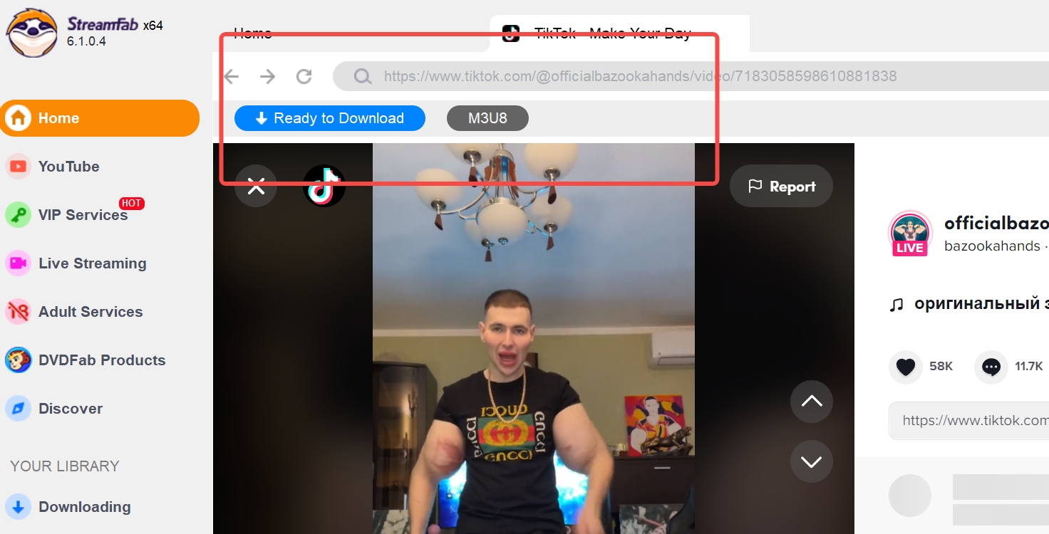 using streamfab youtube downloader to download tiktok videos within its built-in browser