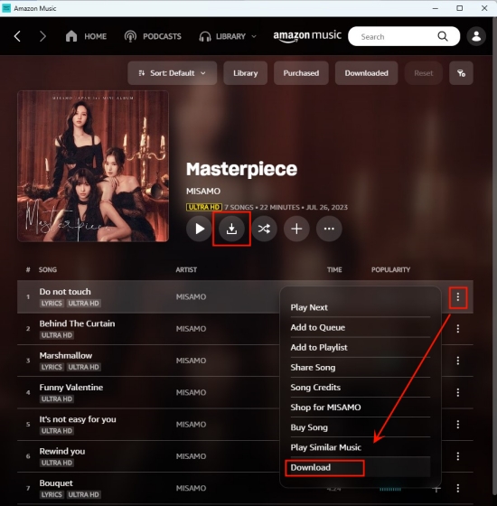 locate the “Download” (down arrow) sign.