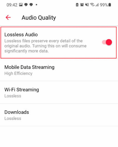 Android Apple Music settings showing Audio Quality (Lossless)