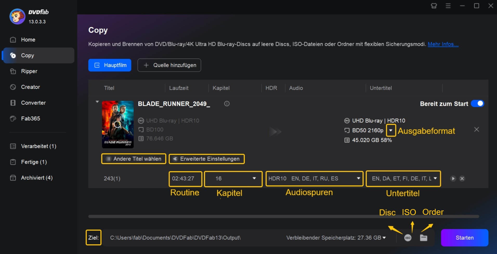 Wählen Sie einen Kopiermodus und passen Sie die Ausgabe-DVD an