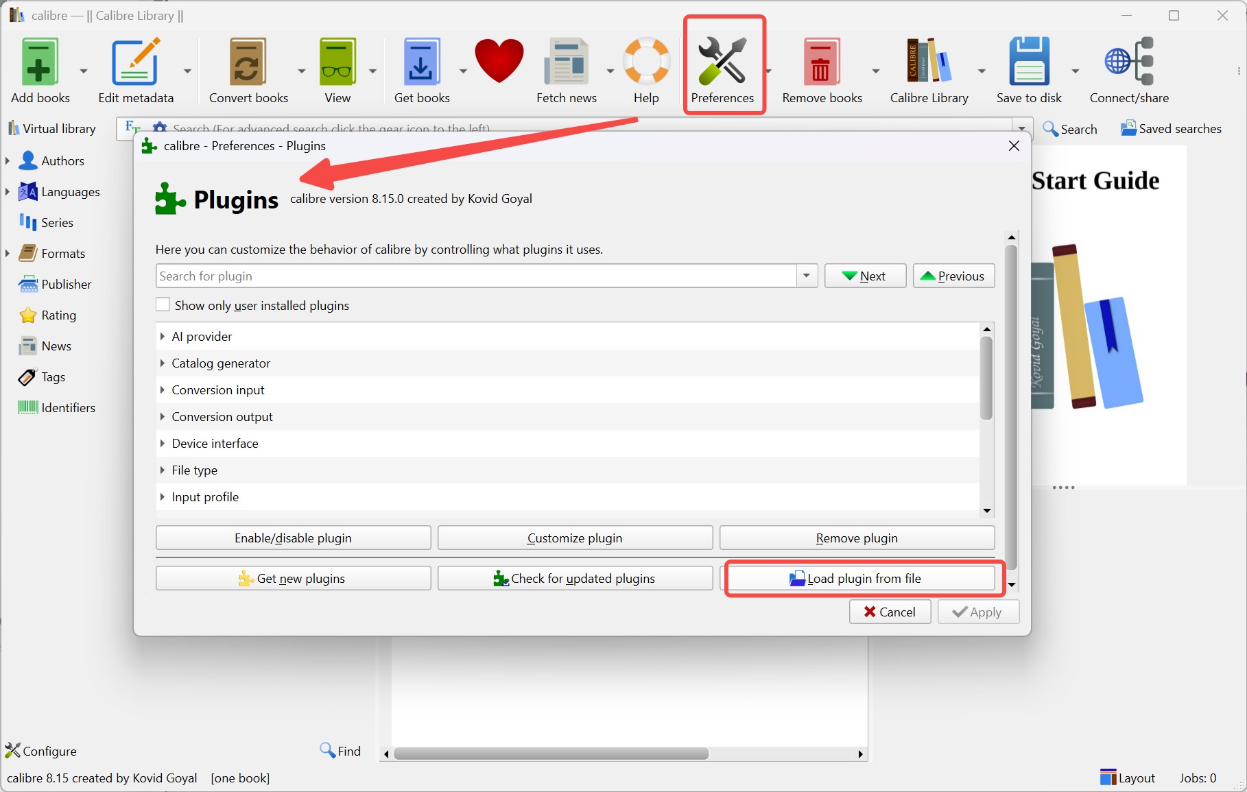 Convert Kindle to PDF with Calibre: install plugin