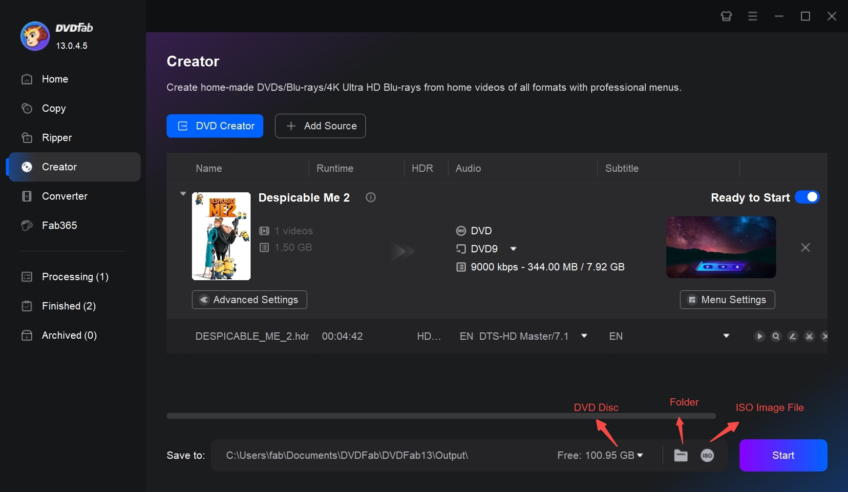 Select a directory to save MTS/M2TS DVD and start the burning process